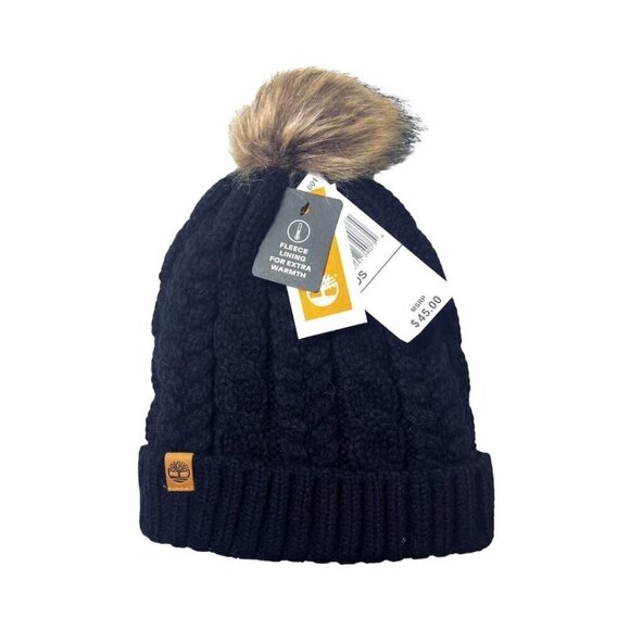Timberland Womens Black Fleece Lined Cable Knit Cuff Brim Hat With Pom Pom New - Picture 2 of 6